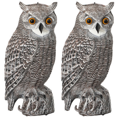  16" Horned Owl Decoy - Bird Deterrent Scarecrow, Natural Stone Finish Fake Owl For Garden, Patio, Yard, Lawn, Outdoor Display - Halloween Decoration For Trees, Fences & Landscape, Set Of 2