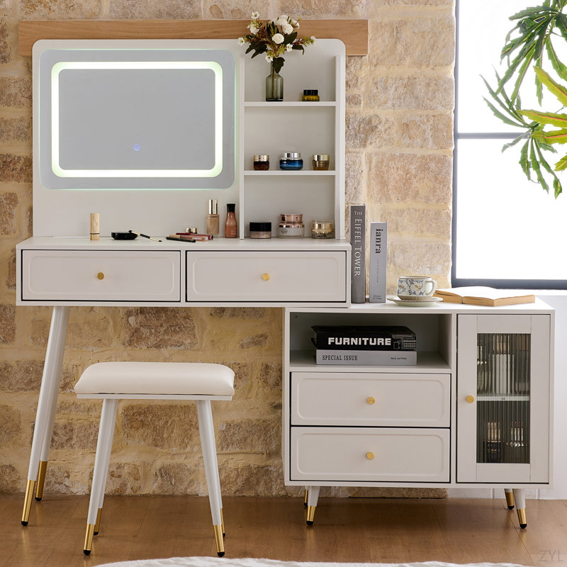 Philip Retractable Makeup Vanity with LED Mirror, Cabinet, Charging Ports & Stool, White
