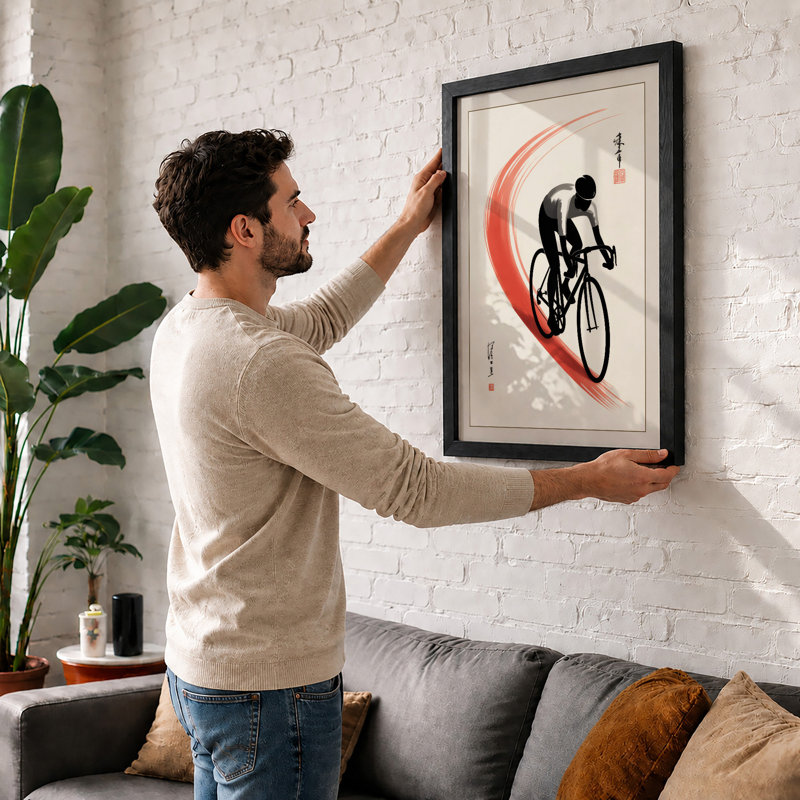 Cyclist in Motion Japandi - Framed Print, A1 - 84.1 x 59.4 cm, Black