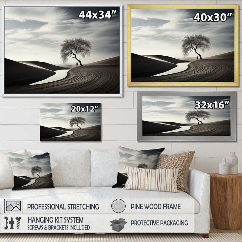 Balck et arbre de solitude blanc sur toile, Cadre simple noir, H 12 po x l 20 po x P 1 po