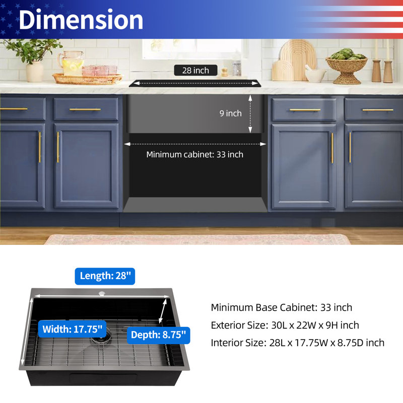 Drop-in Single Bowl Stainless Steel Kitchen Sink, Gunmetal Black