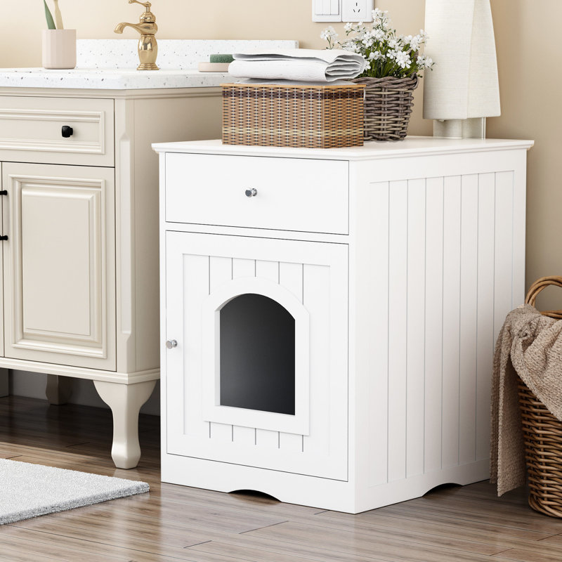 Enceinte en bois pour litière pour chat avec table d'appoint - blanc et tiroir pour l'intérieur, Blanc