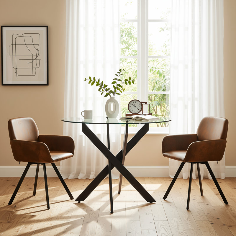 Ensemble de salle à manger rond en verre 5 pièces avec table en métal croisé et 4 chaises pivotantes, Beige