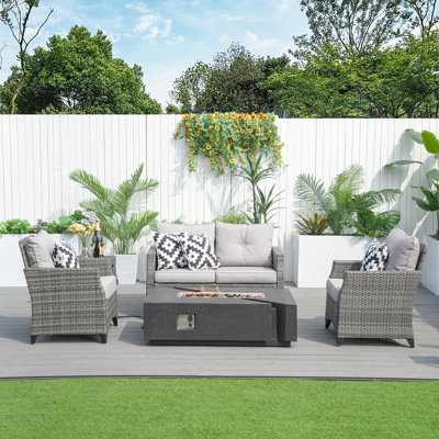 Kenney 4- Person Outdoor Wicker Patio Conversation Furniture Set With Fire Pit