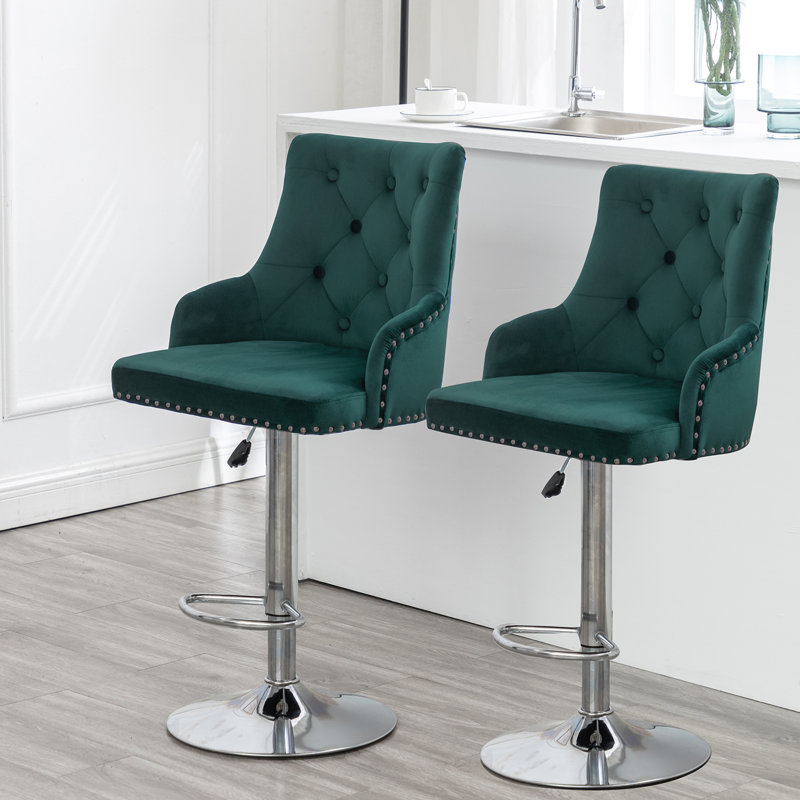 Swivel Upholstered Adjustable Height Counter Stool with Metal Frame, 2 Bar Stool, Green