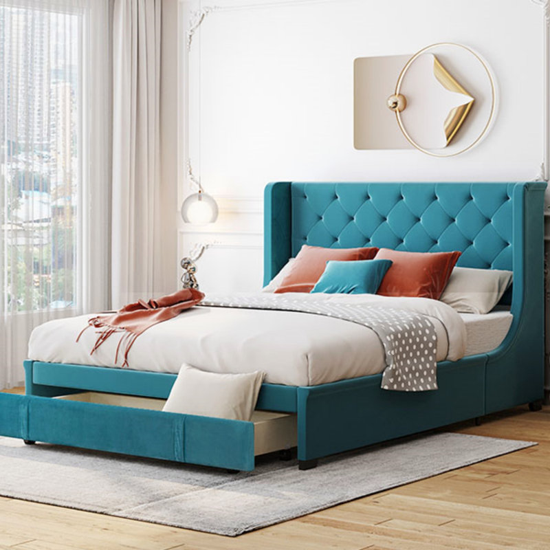 Velvet Upholstered Platform Bed with Wingback Headboard and a Big Drawer,  Queen Size, Blue 1