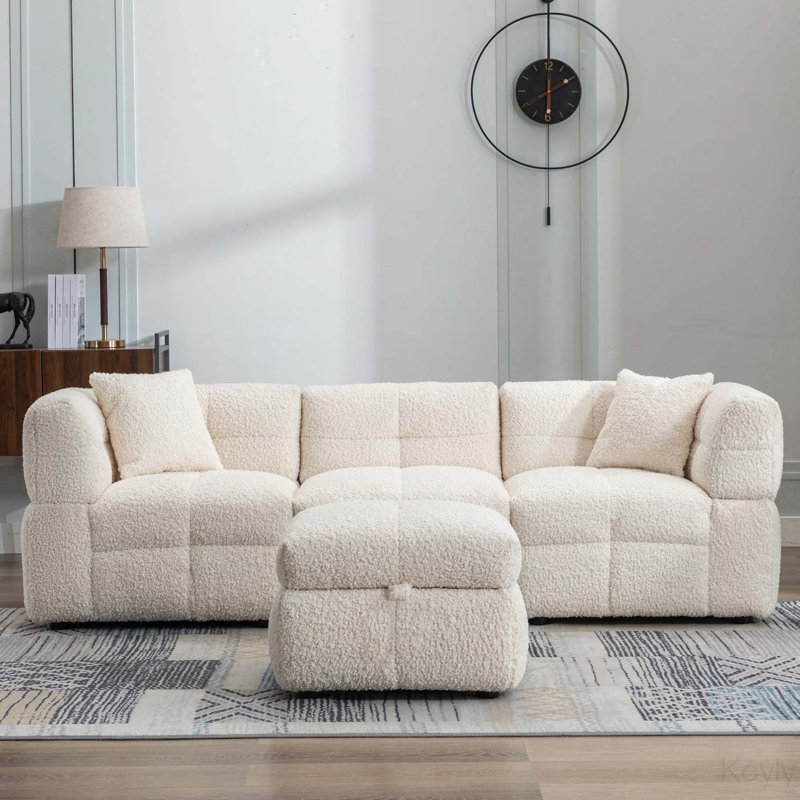 Canapé modulaire rembourré 4 pièces Ruvi, Tissu molletonné blanc crème