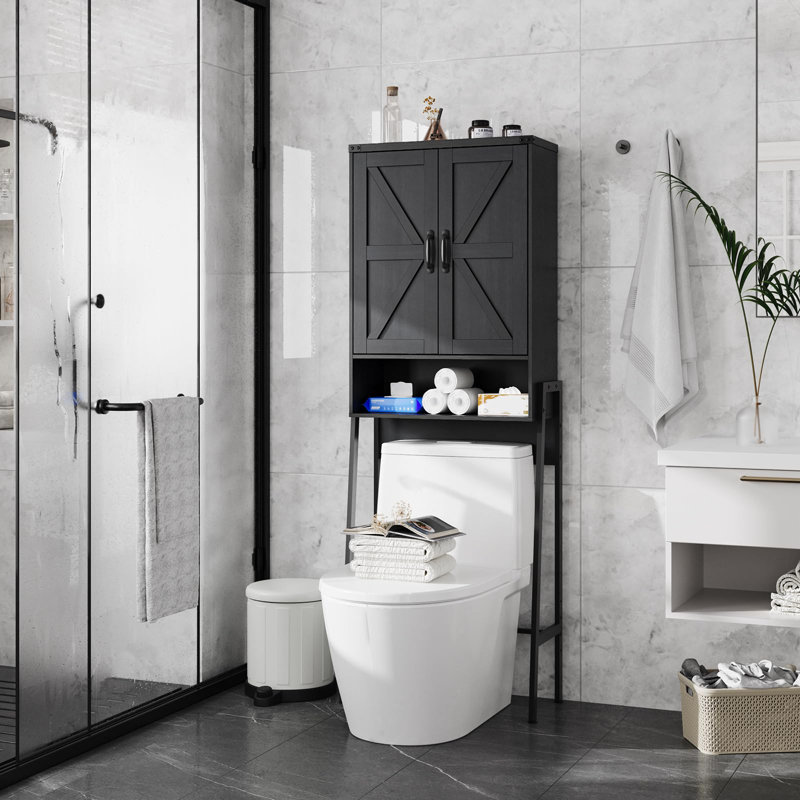 Armoire de rangement au-dessus de la toilette avec 2 portes - Organisateur de salle de bain avec dispositif anti-basculement et tablettes réglables, économiseur d'espace pour la salle de bain et la salle de lavage