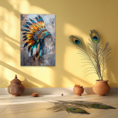 Adric Chief Feather Headdress Painting Prints Poster Framed Canvas Art Western Wall Decor for Living Room Bedroom Home Office Ready to Hang, 18×24 Inches