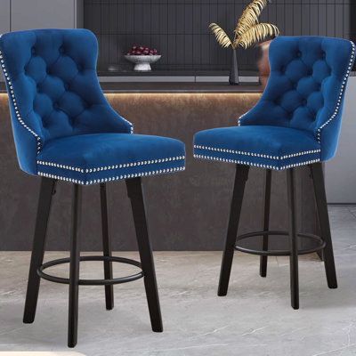 Tabourets de bar rotatifs modernes Tabourets de bar en velours Tabourets de bar touffetés à boutons Rivet pour îlot de cuisine, bistro, avec anneau de traction en métal Robuste repose-pieds Grand bar pour la maison