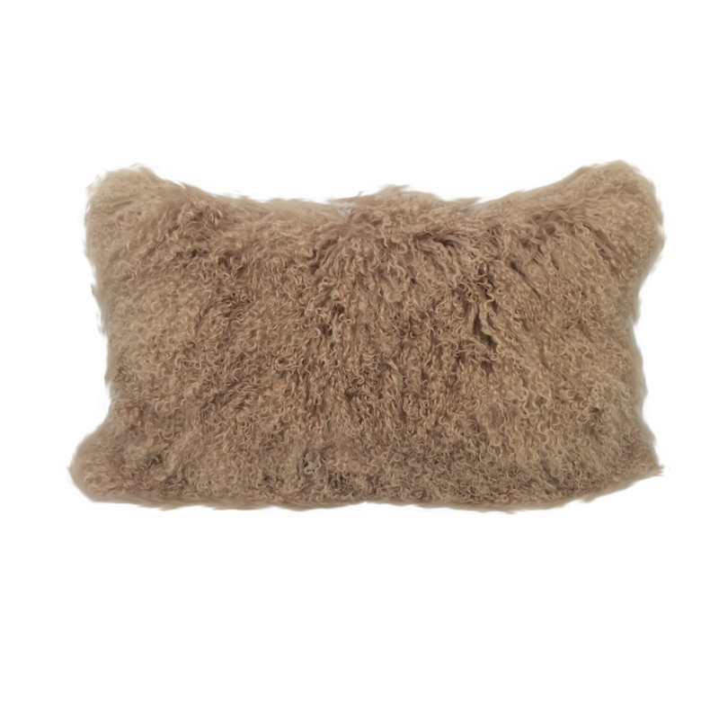 Coussin en fourrure d'agneau tibétain véritable avec envers en microsuède, H 17 po x l 27 po, Beige, Rectangulaire