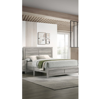 Lit plateforme simple gris de style contemporain avec grain de bois et tête de lit épurée, installation rapide dans la chambre à coucher