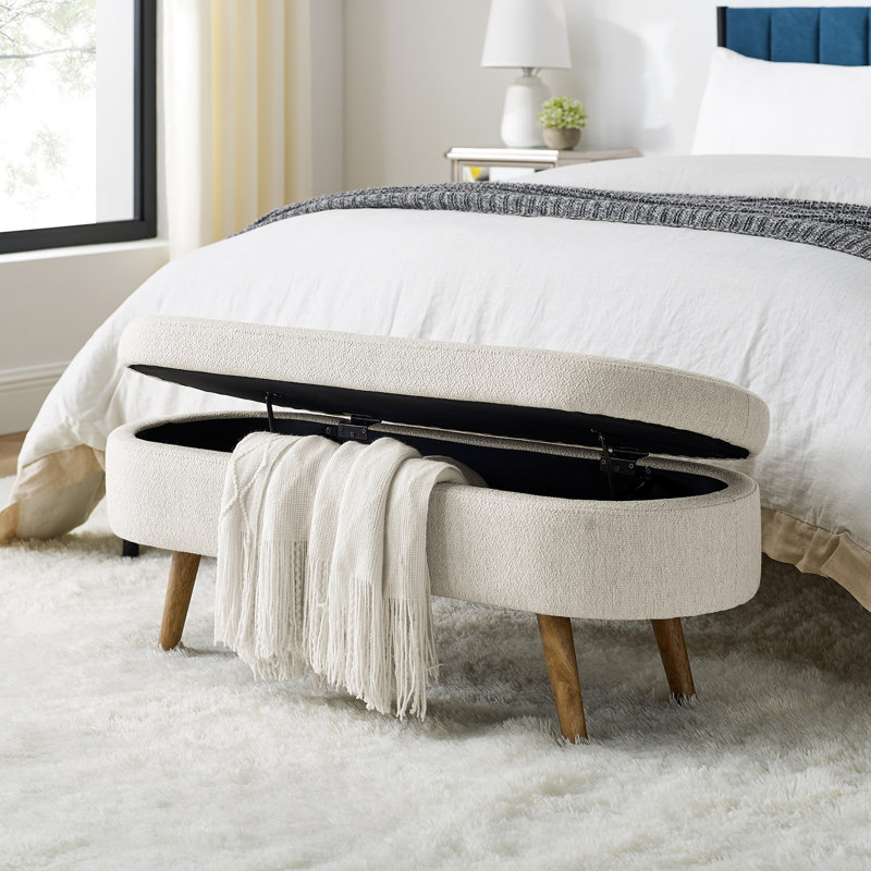 Banc de rangement rembourré en lin beige et brun de 44 po avec dessus rabattable