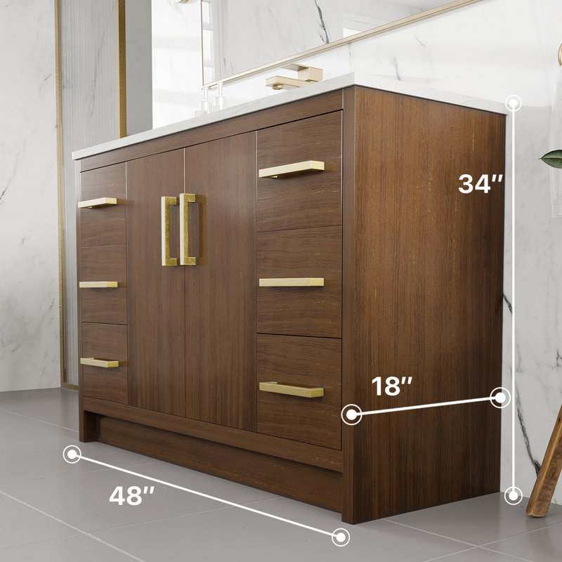 Ilsa 48"W X 18"D Bathroom Vanity With White Carrara Quartz Countertop And Undermount Porcelain Sink, Walnut