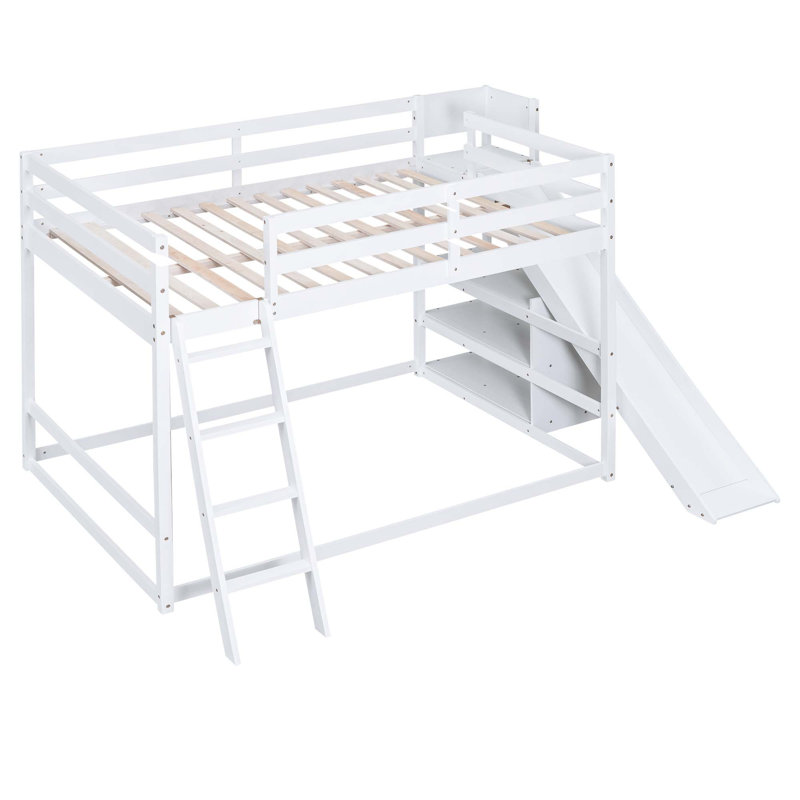 Lit superposé double avec échelle, glissade et tablettes, blanc, Blanc
