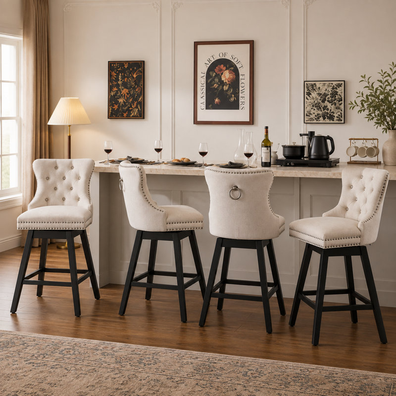 Tabourets pivotants à hauteur de comptoir avec dossier, chaises d'îlot de cuisine rembourrées, structure en bois massif avec garniture cloutée, ensemble de 4