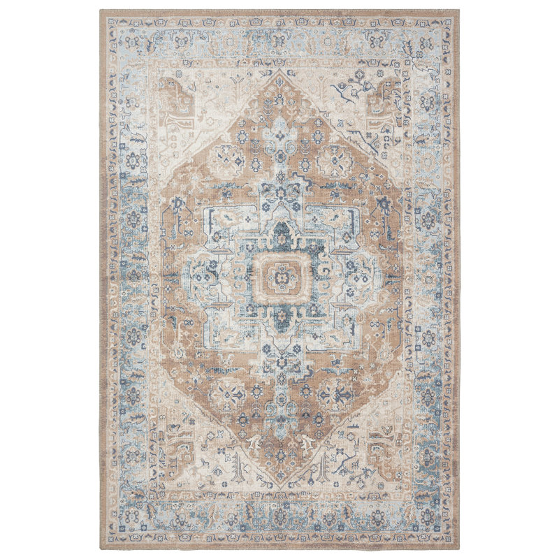 GLN Rugs Vintage Collection - Machine Washable Area Rug, Vintage Washable Rug, Non Slip Area Rug, Low Pile Living Room Rug, Bedroom Rug, Bathroom Rug - Easy Clean (Beige and Blue Rug)