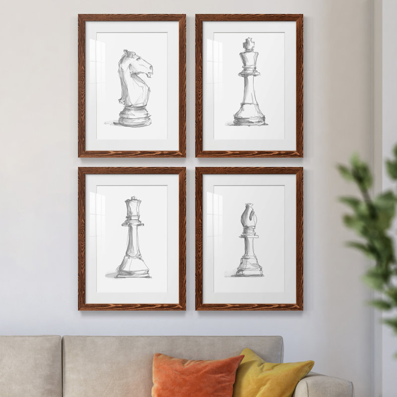 Chess Room Study I - Ensemble de 4 reproductions de cadres photo, Érable, H 43,5 po x l 31,5 po x P 1 po