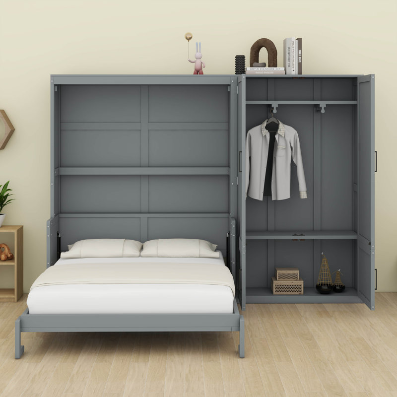 Grand lit escamotable avec garde-robe et garde-robe, Gris