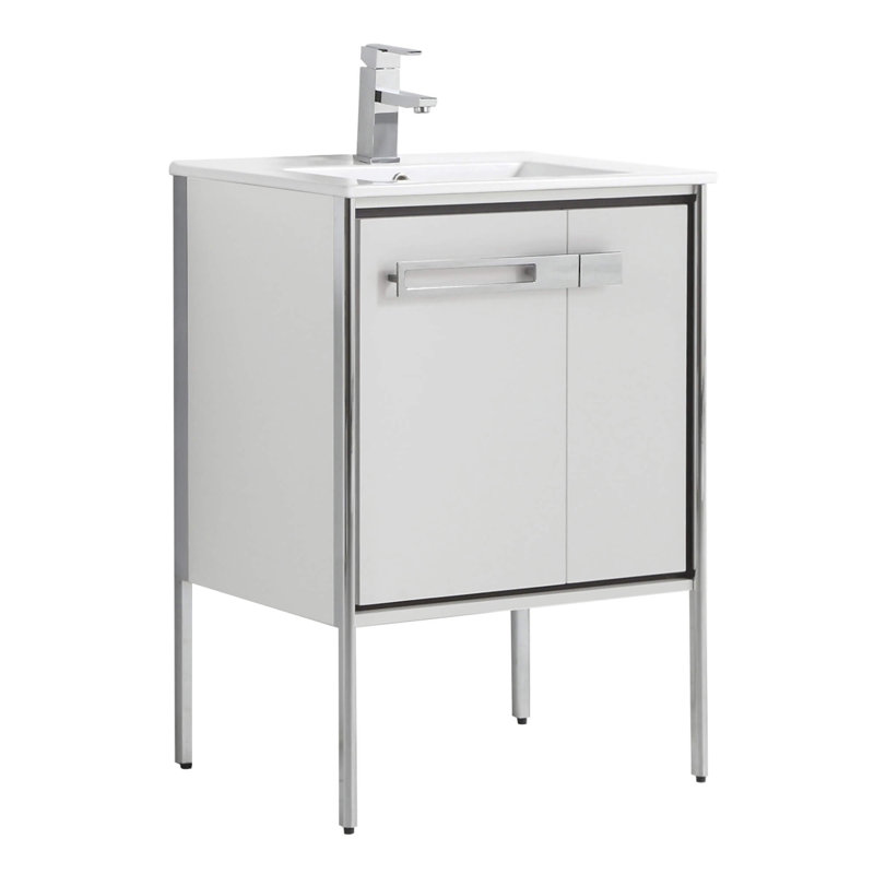 Meuble-lavabo simple 24 po, Blanc mat, Chrome poli