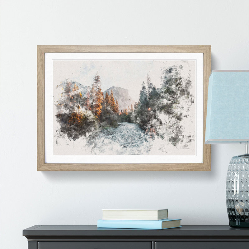 Yosemite Valley Sunrise Watercolour - Picture Frame Graphic Art Print, Oak Framed, 62cm H x 87cm W x 2cm D