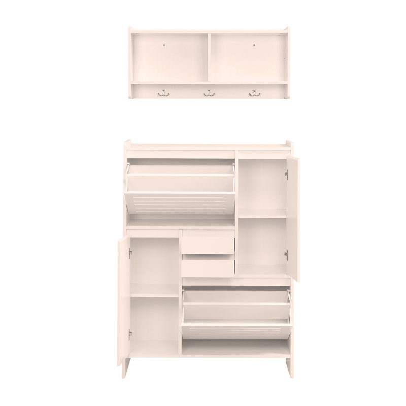 Multi-Functional Tipping Bucket Shoe Cabinet with Wall Cabinet, Space-saving Design Foyer Cabinet with 2 Flip Drawers, White