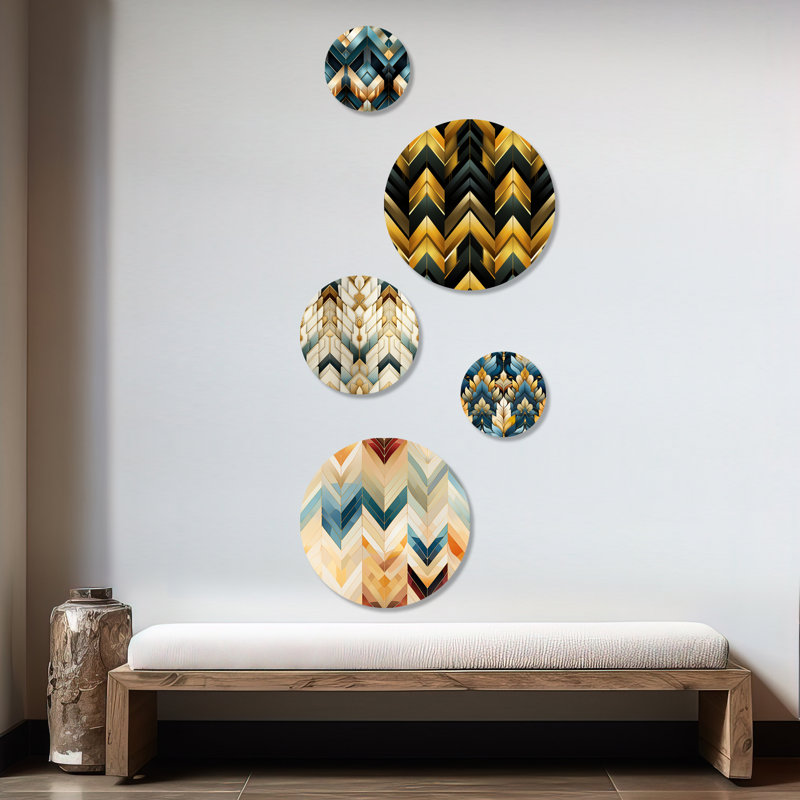 «Roselare Chevron Mosaic Fusion I», ensemble d'art mural rond à chevrons glam 5 pièces