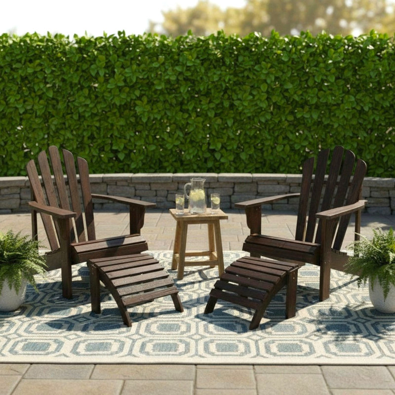 Brently Solid Wood Adirondack Chairs with Ottoman Set, Brown