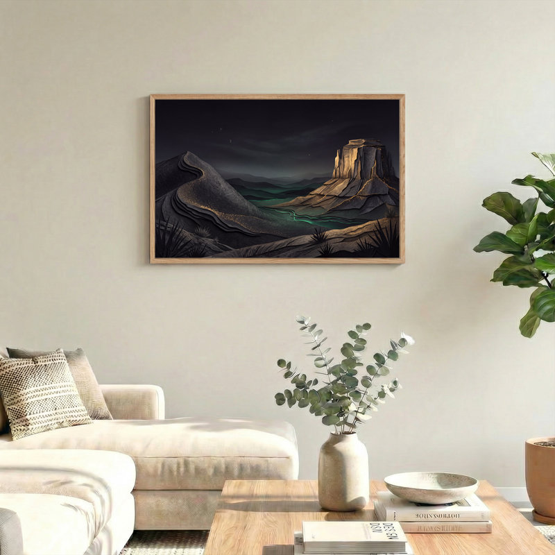 «Layered Mountains with Glowing Teal River and Stars», art mural, 18"H x 24"W