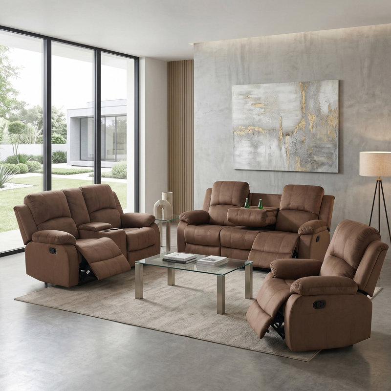 Ensemble de canapé de salon relaxant 3 pièces Relaxo, Velours brun