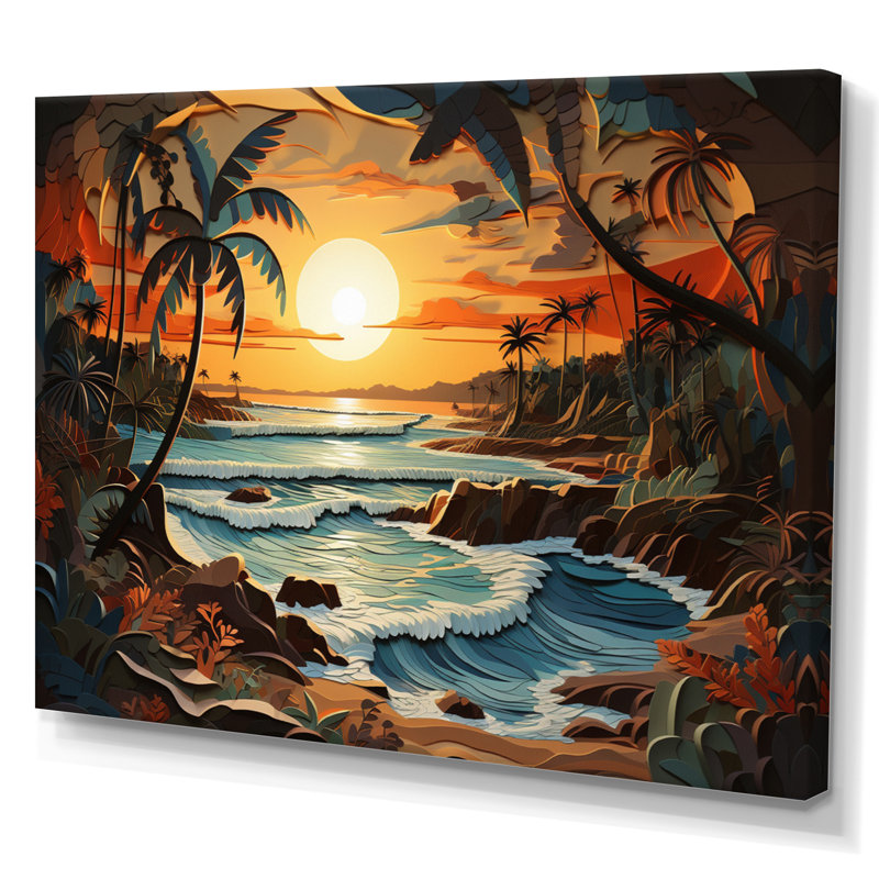 Coastal Collage At Sunset I - Décoration murale moderne, H 16 po x l 32 po x P 1 po, Toile tendue