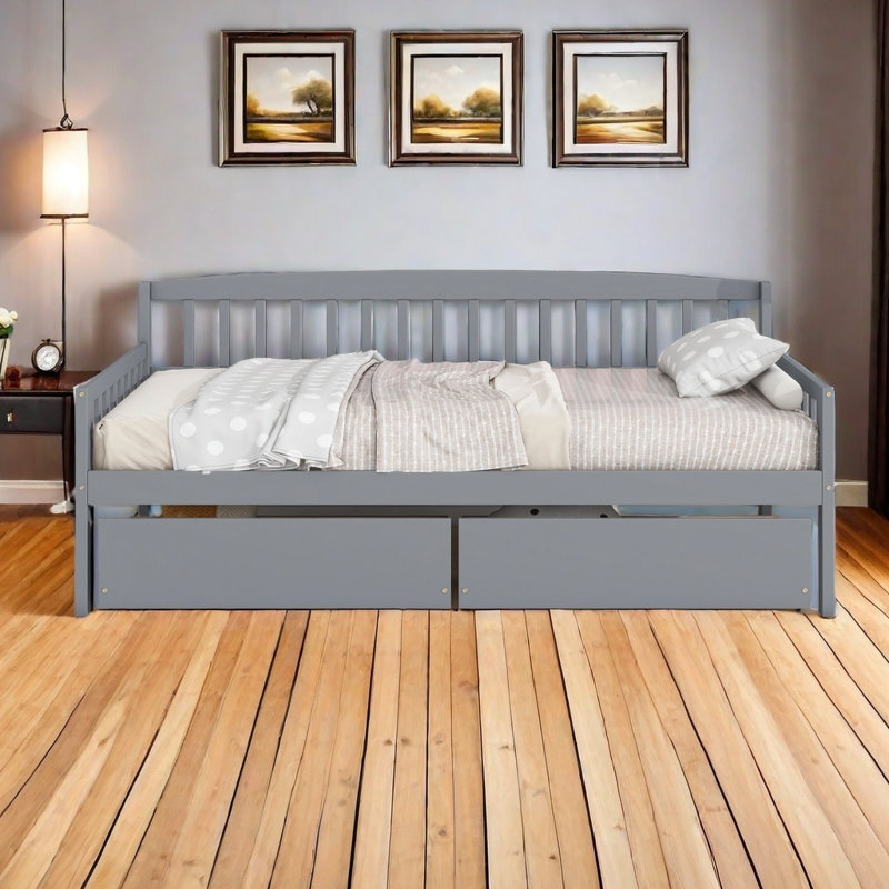 Lit de jour simple en bois de pin avec deux tiroirs de rangement, canapé-lit avec plateforme de 10 lattes de soutien, Gris