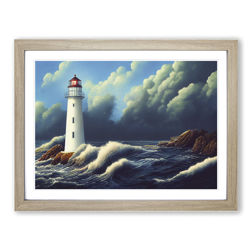 Lighthouse Watercolour Vol.3 - Single Picture Frame Painting, 25cm H x 34cm W x 2cm D, Oak
