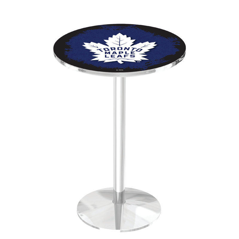 NHL Round Metal Base Dining Table, Chrome, Toronto Maple Leafs