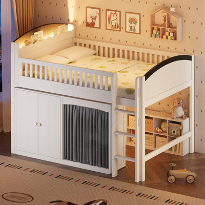 Kid’S Low Loft Bed, Integrated Storage & Wardrobe, LED Headboard Shelf, Modern Farmhouse, Kids Bedroom