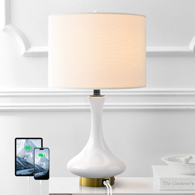 23.5" White Ceramic Table Lamp with USB & Type-C Ports and Pre-Assembled Linen Shade, White