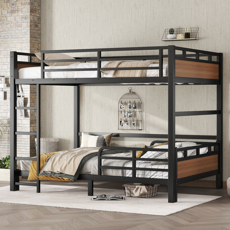 Full over Full Metal Bunk Bed with Safety Guardrails – Loft & Platform Bed, Walnut-Colored, Walnut, Full Over Full