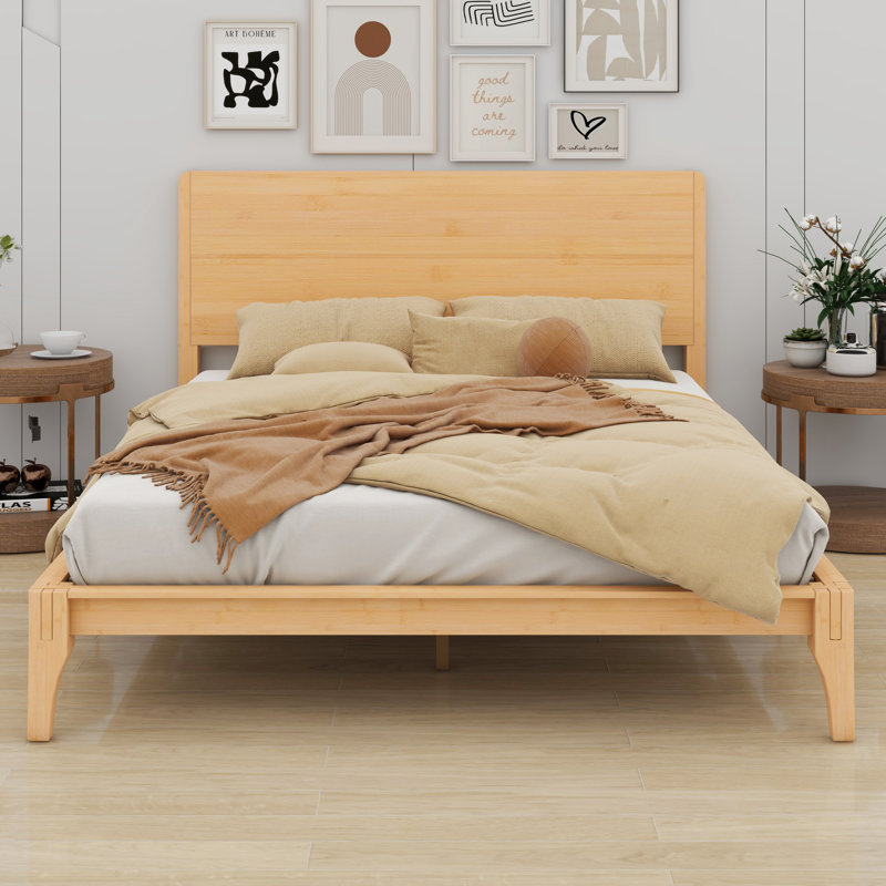 Lit plateforme Mid-Century moderne en bois avec support à lattes, Naturel, Double