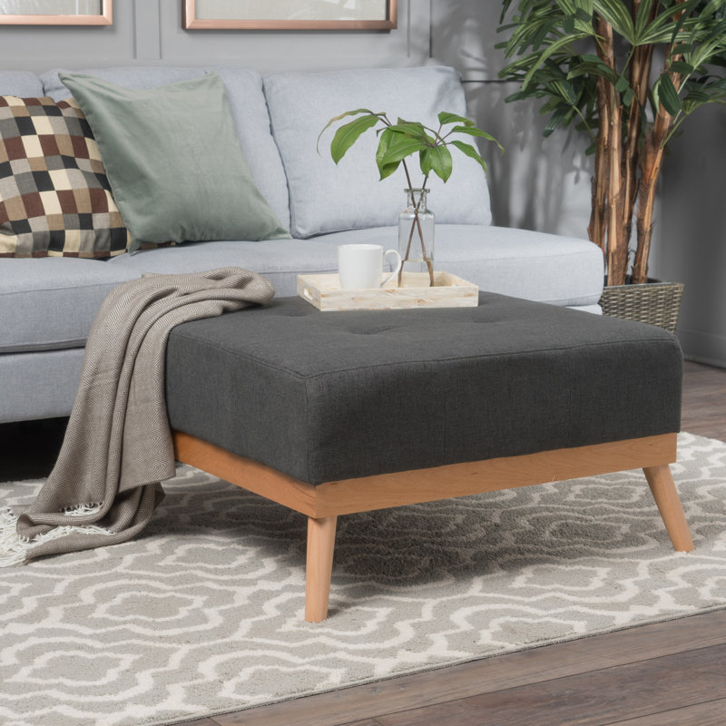 Dark Gray Upholstered Square Ottoman with Natural Wood Legs