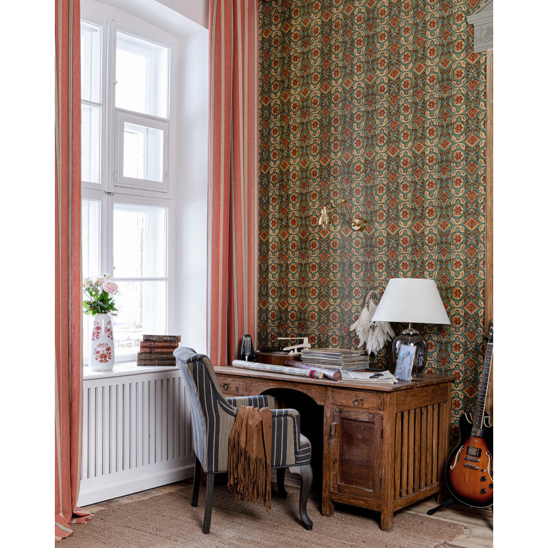 Woodstock Lifestyle Floral Wallpaper Roll, Green/Red/Taupe