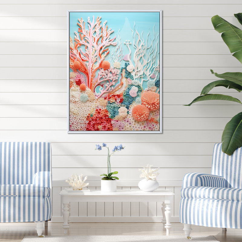 «Coral Reef Barrier Impression I», reproduction sur toile, H 32 po x l 16 po x P 1 po, Cadre flottant blanc