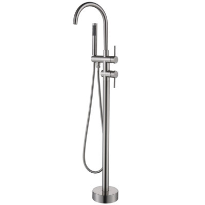 Robinet de baignoire autoportant à deux poignées 45-1 / 2 po avec douche à main et bec rotatif
