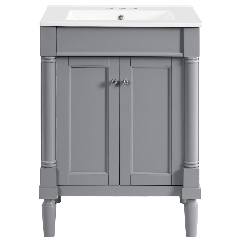 Meuble-lavabo de 24 po de style rétro, charnières à fermeture en douceur, cadre en bois massif, grand espace de rangement,