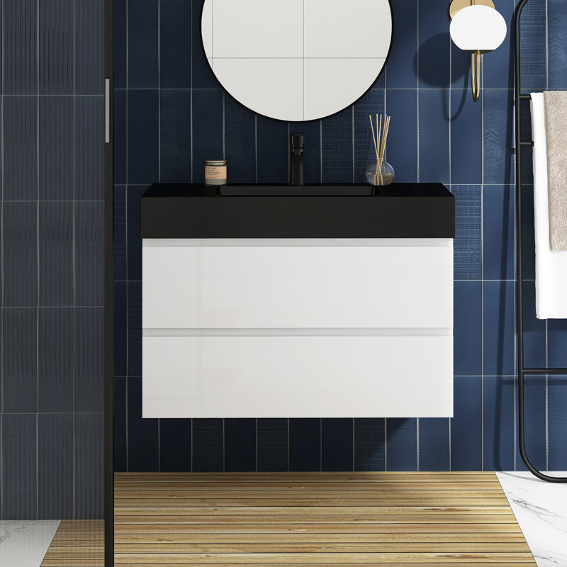 36'' Single Bathroom Vanity with Solid Surface Top, Black, White