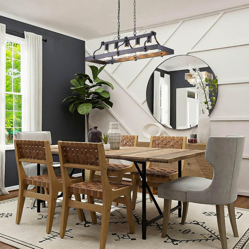Rustic Farmhouse Chandelier With Wood And Metal Design, 5-Light Linear Ceiling Fixture For Dining Room And Kitchen Island