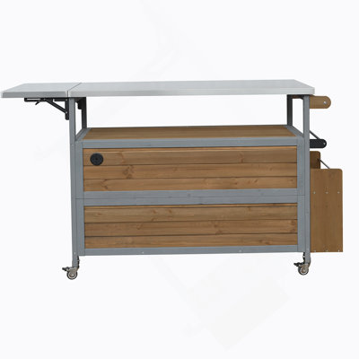 Foldable Outdoor Kitchen Island With Lockable Wheels, Storage, And Towel Rack For Patio Cooking, Espresso+Grey