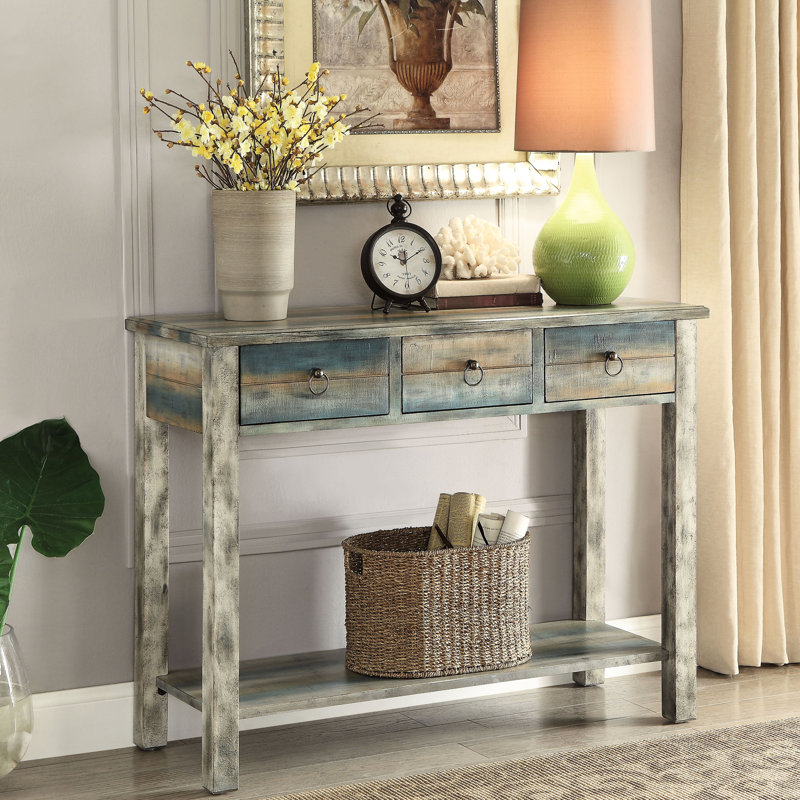 Wooden Console Table In Antique Grey And Teal With Extra Storage Display Features Frame Ample
