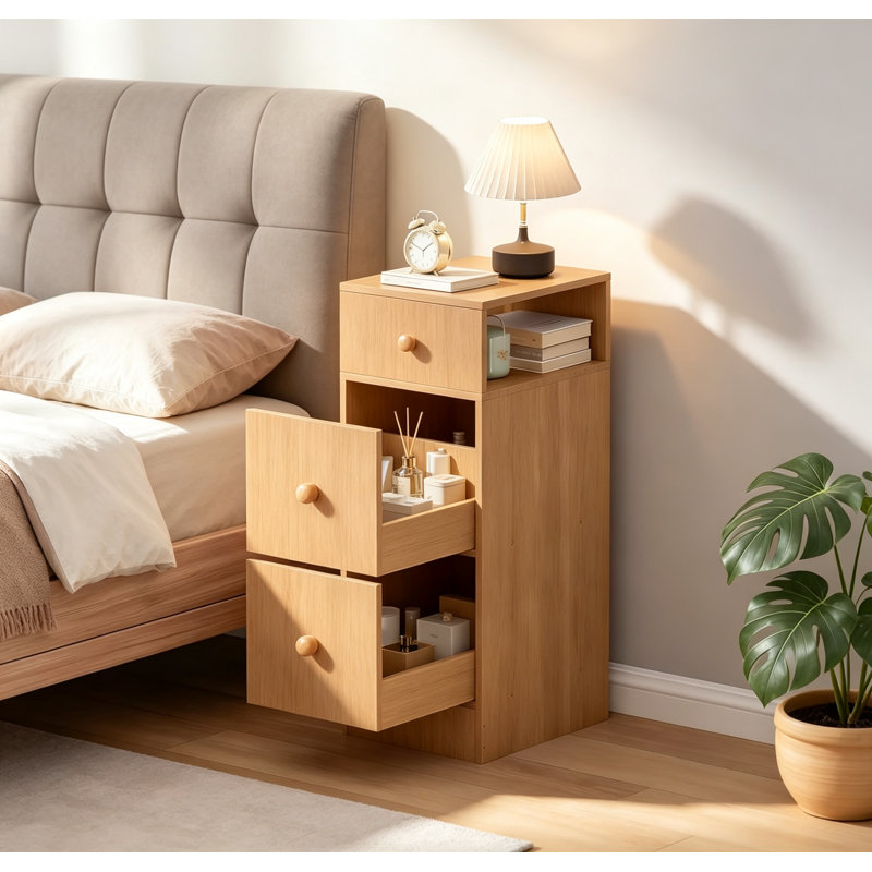Slim Wood Nightstand with Storage
