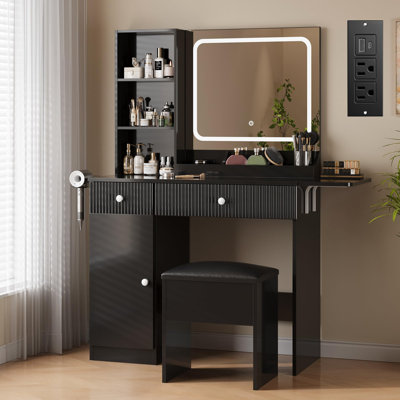 Coiffeuse avec miroir et lumières - Table de maquillage avec prises et tiroirs, tabouret de rangement, coiffeuse pour chambre à coucher, noir