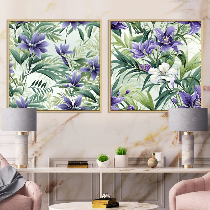Ensemble de 2 collages tropicaux vert et mauve à motif serenade tropicale verte et mauve, Cadre flottant brun